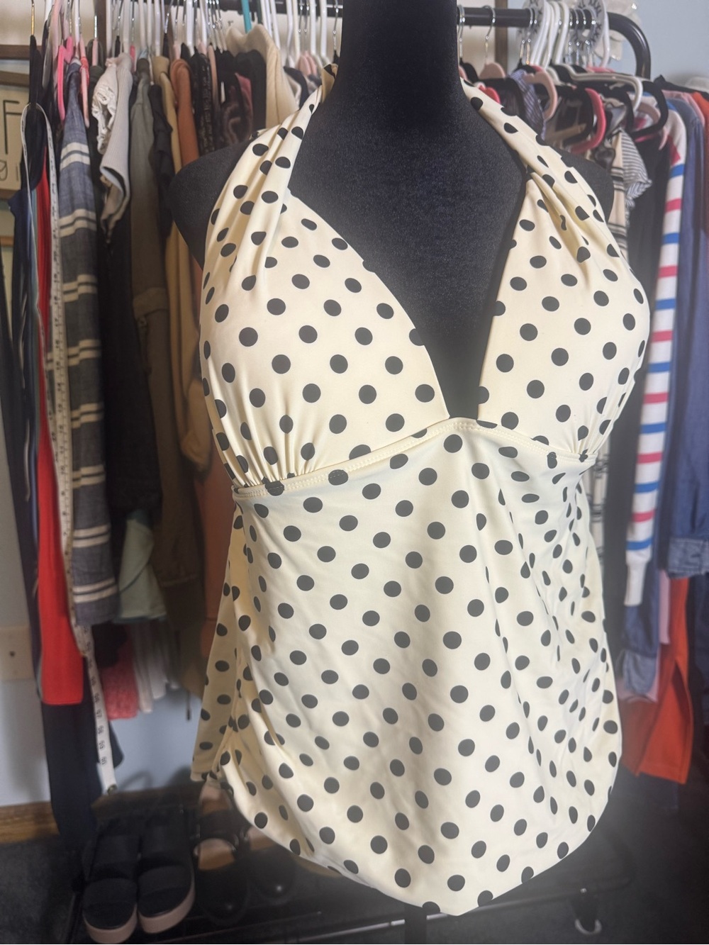 Catalina Polka Dot Halter Swim Top Size 18 Built-in padding in Cream with Black